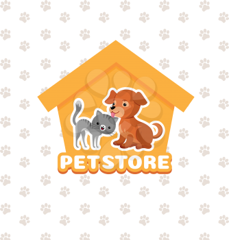 Pet store vector background with happy pets animals. Pets dog and cat, illustration of pet shop emblem