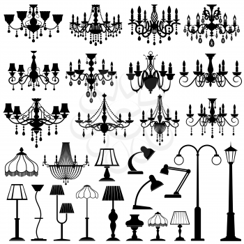 Home and outdoor lightning, lamps and chandeliers vector set. Black silhouette lamp chandelier and table lamp illustration