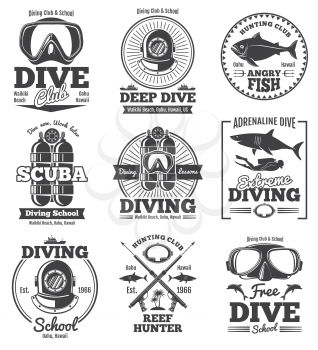 Underwater scuba diving club vector vintage emblems and labels. Sport freediving label, illustration of diving scuba club
