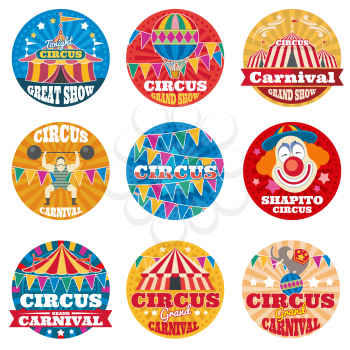 Circus vintage vector labels and emblems. Circus grand carnival colored logo illustration