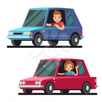 Young happy man and woman driver driving cars flat vector concept. Car drivers male, illustration of woman driving
