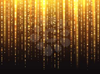 Sparkly gold glitter effect with falling down luminous particles vector background. Shimmering illumination effect, illustration of glitter golden light