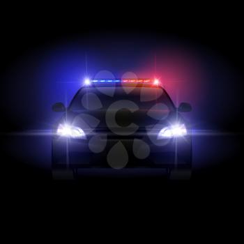 Sheriff police car at night with flashing light vector illustration. Police car with siren night, security and protection traffic patrol