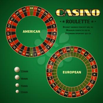 American and European casino roulette motion wheels with white ball. Vector Illustration template casino roulettes wheel