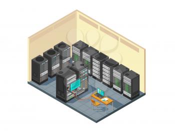 Isometric network server room with row of computer equipments. Data center support hardware with servers vector illustration