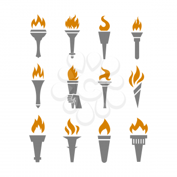 Fire torch with flame flat icons set. Collection of symbol flaming, vector illustration