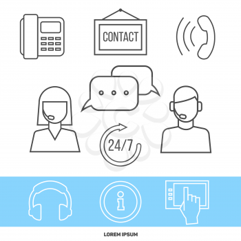 Contact centre or online support concept with line icons. Help , online for customer, vector illustration