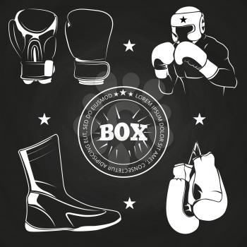 Boxing athlet and sport outfits on chalkboard. Sketch boxing sport. Vector illustration