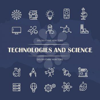 Technologies and science line icons set on grunge background. Collection of science line art icons. Vector illustration