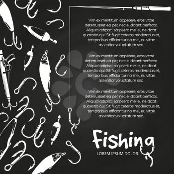 Chalkboard poster or banner with fishing accesories and equipment. Vector illustration