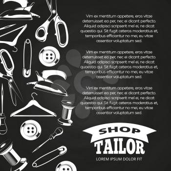 Tailor shop chalkboard poster with button, scissors, pin. Vector illustration