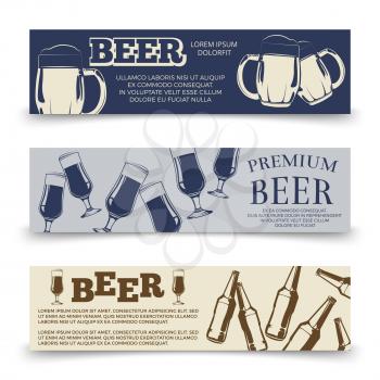 Drink horizontal banners template with beer mugs, glasses and bottles. Banner with beer beverage bottle illustration