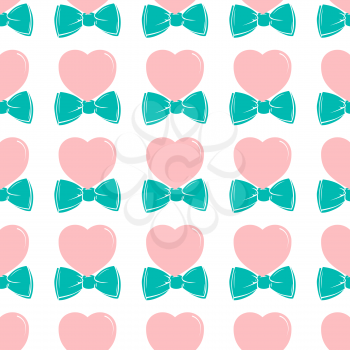 Fashion hipster cute seamless pattern with pink heart with bow tie. Retro fashion vintage background