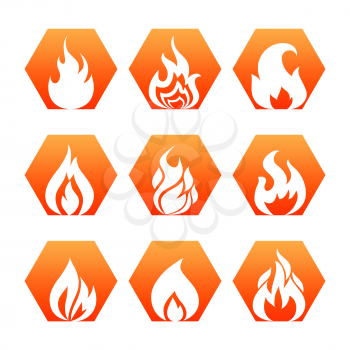 White fire flame on colorful backdrop - fire flame icons set vector. Collection of fire sign illustration