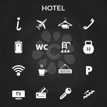 Hotel vector icons set on blackboard. Collection of white icons illustration