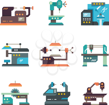 Industrial cnc machine tools and automated machines flat icons. Machine equipment for factory industry, illustration of industrial, production