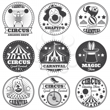 Vintage magic circus labels. Holiday show carnival vector badges and logos. Show carnival retro label, illustration of vintage festival circus badge