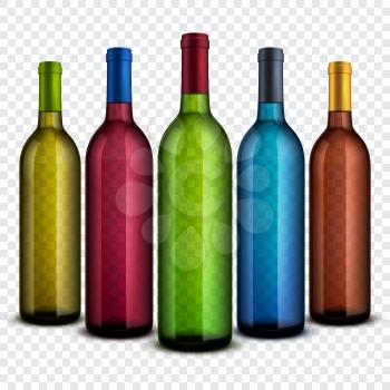 Realistic transparent glass wine bottles isolated on checkered background vector set. Collection bottle glass for wine illustration