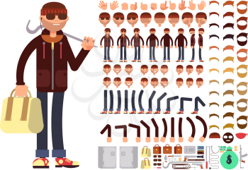 Thief or bandit vector character creation constructor. Robber man with black mask and big set of body parts. Character create thief or bandit, illustration of constructor robber and burglar