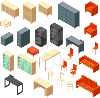 Isometric 3d office furniture isolated. Interior elements vector set. Furniture for interior room office, table and armchair illustration