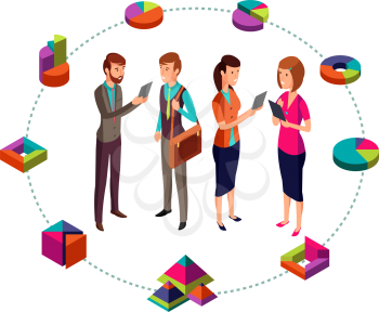 Isometric business analyst vector modern concept with businessman team and 3d charts. Business team people and color chart and graph illustration