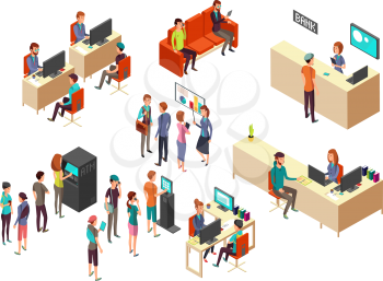 Isometric bank clients and employees for 3d banking services vector concept. Interior bank with client and department service illustration
