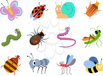 Cute and funny bugs, insects vector collection. Collection of cartoon insects ladybug and butterfly illustration
