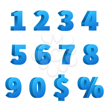 Blue 3d school numbers vector set. Typeface mathematics numbers, illustration of school numbers sign