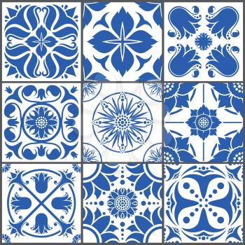 Vintage ceramic tiles vector illustration. Floor seamless design texture set. Tiles traditional mosaic, texture decoration tile pattern