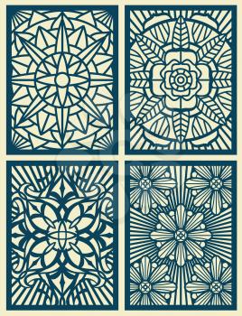 Laser cut fretwork vector pattern cards, panels. Pattern carved from wood. Illustration of flower pattern