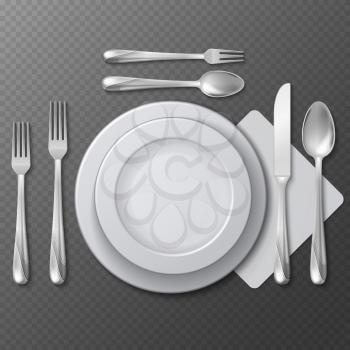 Realistic empty round plate, porcelain dish, steel fork, spoon and knife on table vector illustration. Table service etiquette plate with forks and spoons