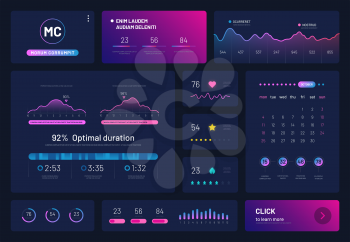 Dashboard infographics. Trading platform with statistics graphs finance charts, calendar. Visualization data analysis vector display. Illustration of analysis data, infographic dashboard