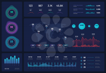 Infographic template. Dashboard, ui interface, finance graphs, pie chart and column diagrams. Analytical vector infographics. Illustration infochart presentation, analytic workflow, world map analysis