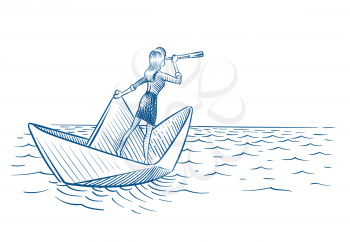 Businesswoman leader. Woman with telescope sailing on paper boat. Future career vision and leadership vector doodle concept. Illustration of leader with telescope or spyglass, businesswoman in boat