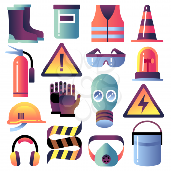 Safety equipment. Personal protection for construction works. Helmet, glove and glasses. Safety job vector icons. Illustration of helmet equipment, work protection and safety