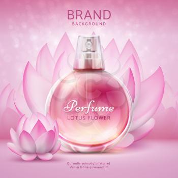 Cosmetic background with lotus. Pink lily flowers with cosmetic product skincare spray bottle. Lotus design ad vector 3d poster. Aroma bottle perfume spray realistic, perfume aromatic illustration