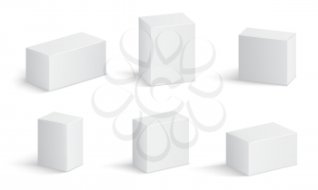 White cardboard boxes. Blank medicine package in different sizes. Medical product square box 3d vector isolated mockups. Container package, cardboard box, mockup compact block illustration