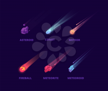 Comet asteroid and meteorite. Cartoon space objects. Atmospheric fireballs vector set. Illustration of asteroid and comet, meteor and meteorite