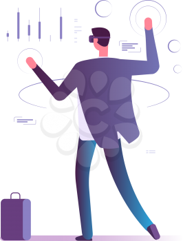 Virtual augmented reality business concept. Man with vr gadgets manages e-account. Future banking technologies vector illustration. Business virtual, vr bank online, e-banking interact