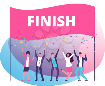 Success reach goal concept. Business persons celebrating victory at finish line. Compete in business motivation vector poster. Triumph business team in competition illustration