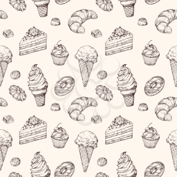Sketch dessert seamless background. Cakes sweets cupcake and ice cream hand drawn vector wrapping texture. Illustration of cupcake and dessert, sweet food and chocolate