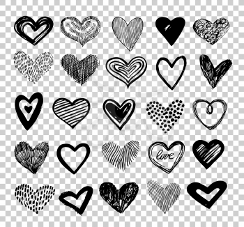 Doodle hearts. Hand drawn love heart icons. Scribble sketch valentine grunge hearts vector elements isolated on transparent background. Black heart sketchy for valentine dat illustration