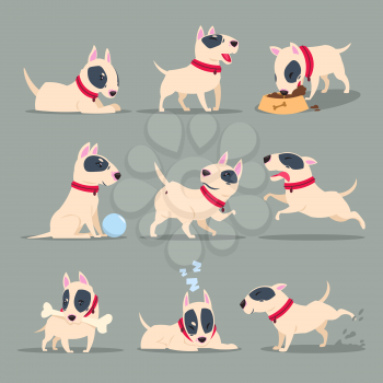 Dog in day activity. Funny cartoon puppy daily routine. Cute dog pet animal vector character set. Happy dog and pet, animal activity friendly illustration