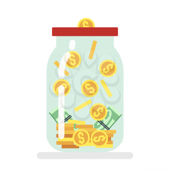 Saving money glass jar flat vector illustration. Storage and moneybox, earnings and profit