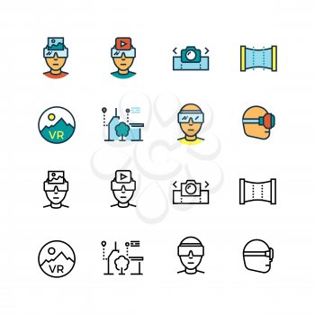 Virtual reality, virtual computer, visual communication innovation future technologies thin line icons vector set. Ilustration of virtual reality device, glasses game video