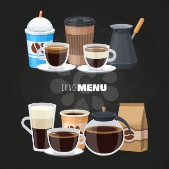 Drinks menu elements on blackboard - vector coffee shop flat design. Illustration of cup of coffee beverage, latte and americano