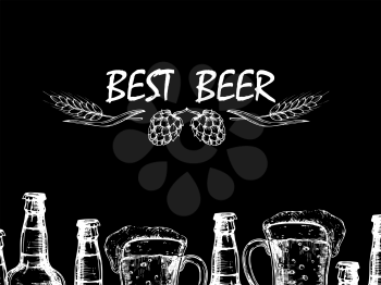 Vector retro background with doodle beer bottles and glasses. Illustration of beer drink alcohol drawing
