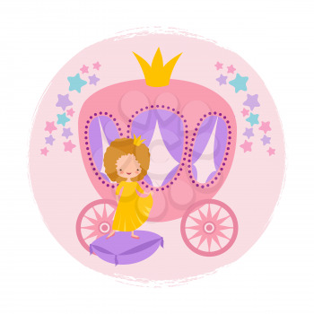 Cartoon character cute little princess and coach card vector template. Illustration of princess girl in pretty dress costume