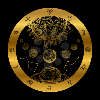 Golden astrology concept with planets isolated on black background. Golden astrology zodiac icon, planetary horoscope with constellation illustration