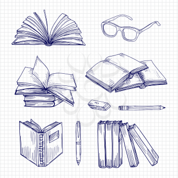 Sketch books and stationery. Vintage library doodle vector collection. Illustration of stationery book and notebook paper, pen and glasses